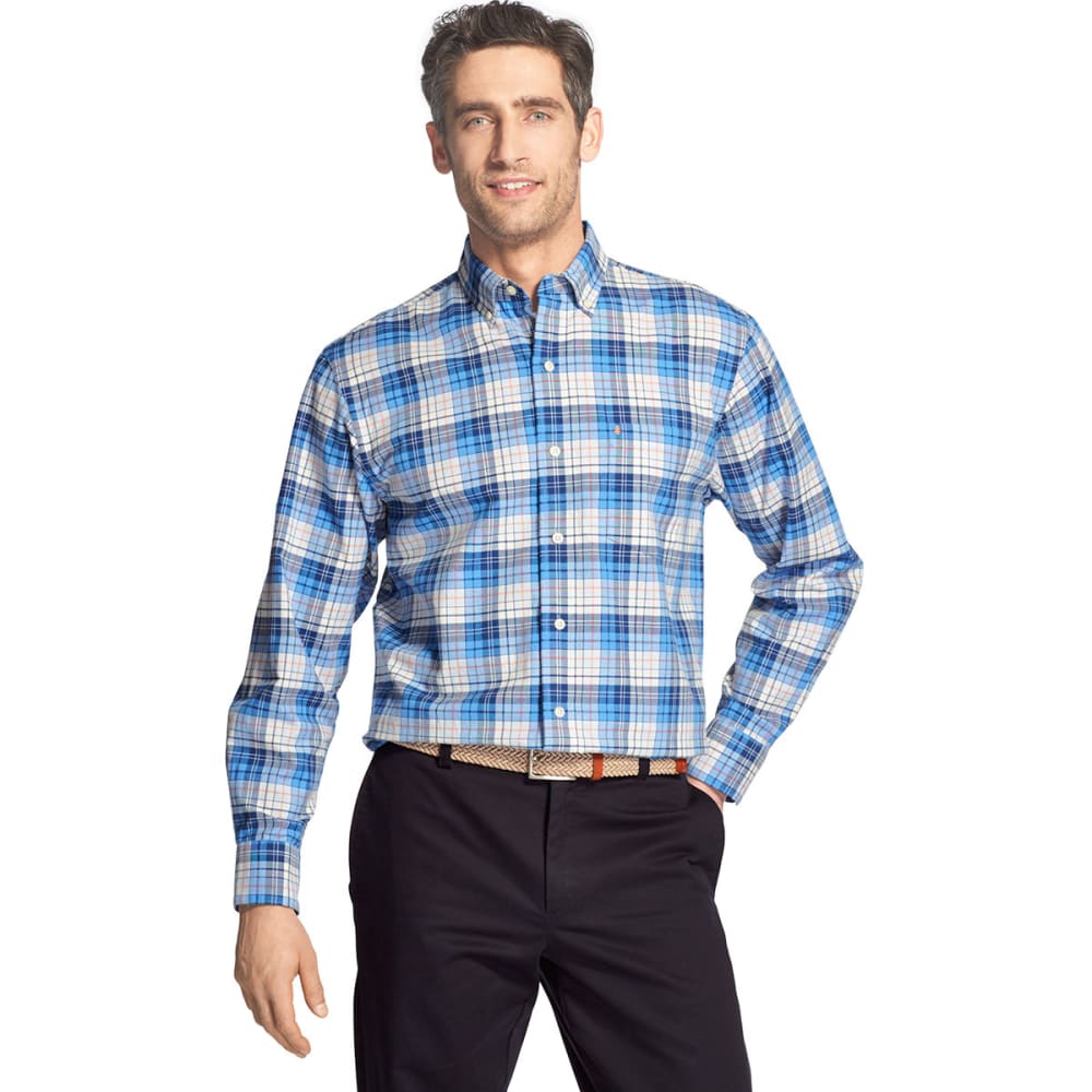 Izod Men's Oxford Plaid Stretch Woven Long-Sleeve Shirt - Blue, M