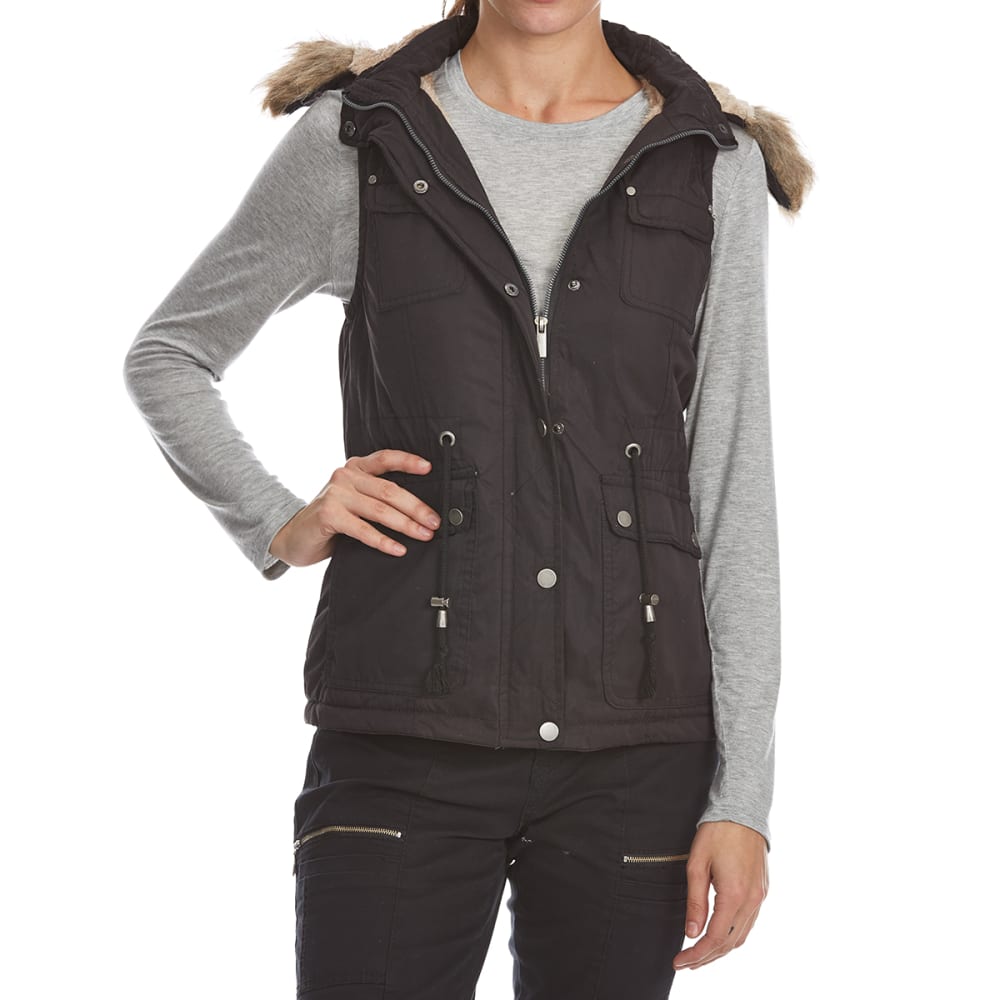 YMI Juniors' Nylon Vest with Faux Fur Hood - Black, XL