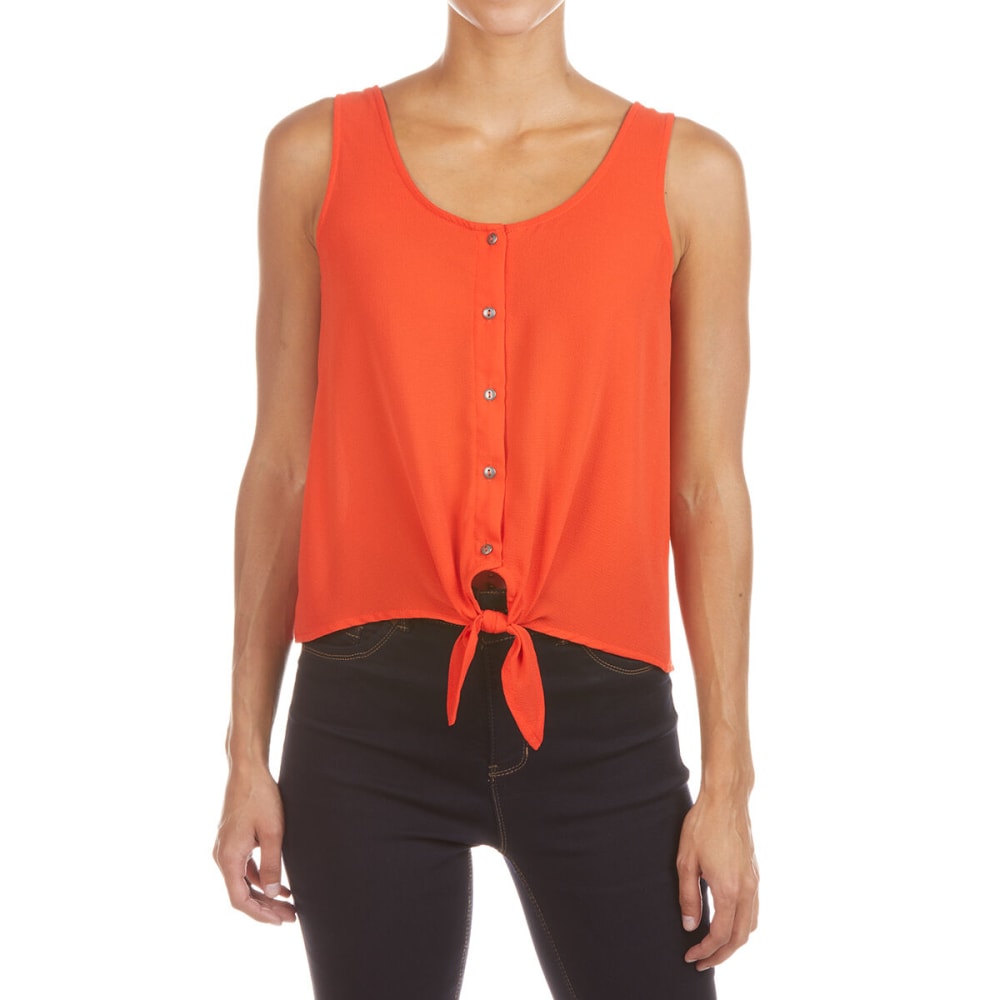Pink Rose Juniors' Sleeveless Woven Shirt With Button Front And Buttom Tie - Orange, S
