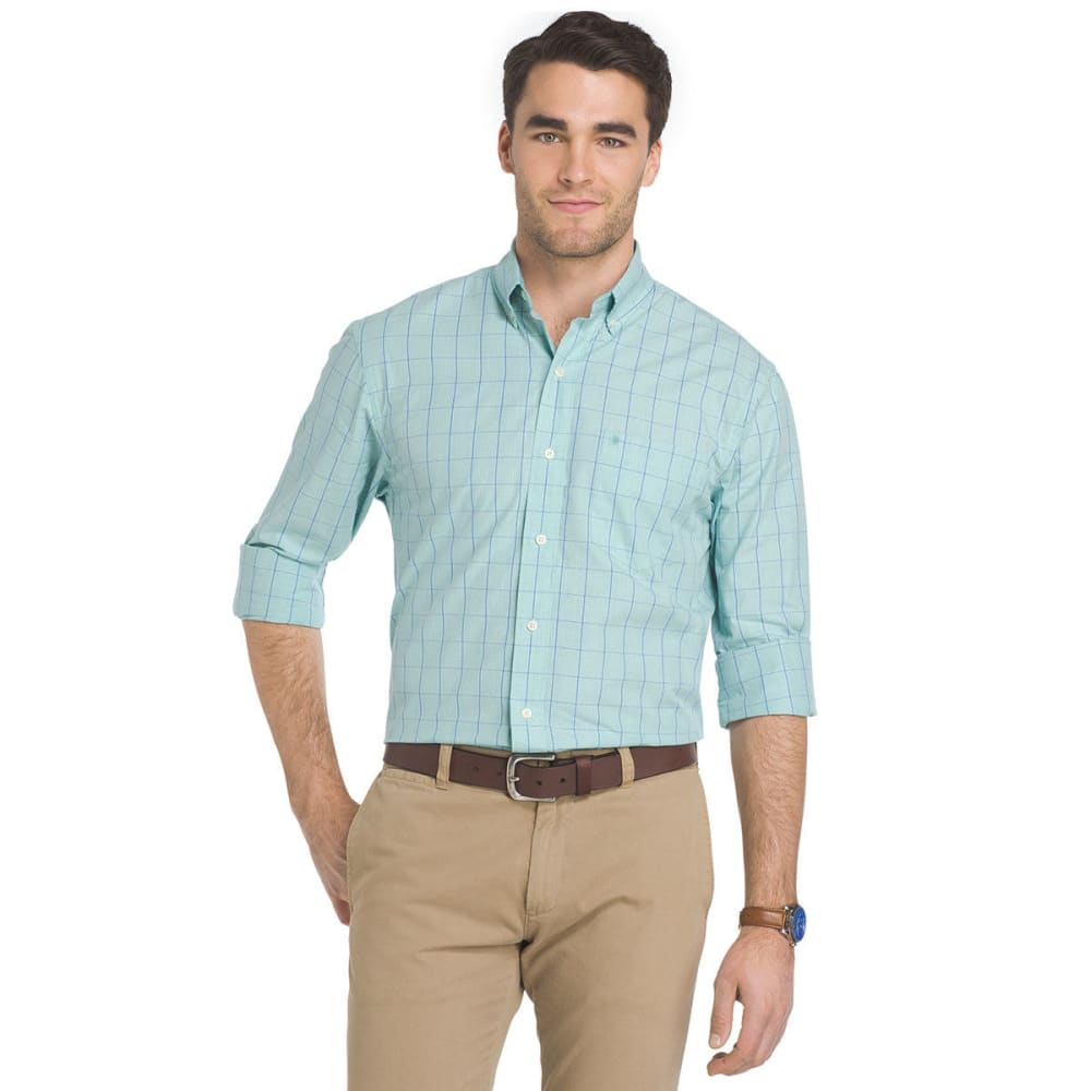 Izod Men's Essential Grid Woven Long-Sleeve Shirt - Green, L