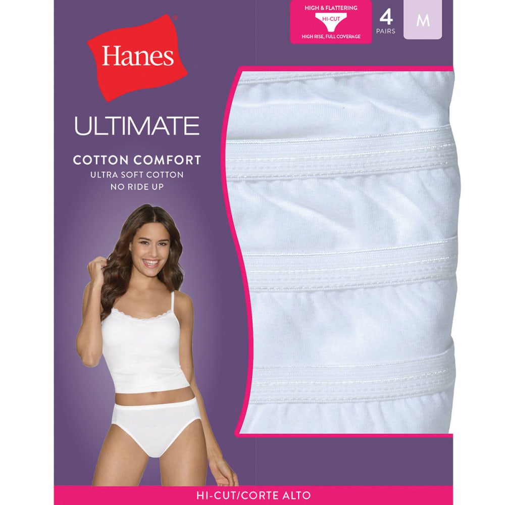 Hanes Women's Ultimate Cotton Comfort Hi-Cut Panties 4-Pack - White, 5