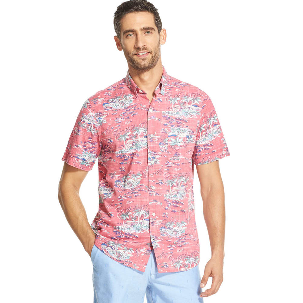 Izod Men's Saltwater Dockside Chambray Tropical Short-Sleeve Button-Down Shirt - Red, M