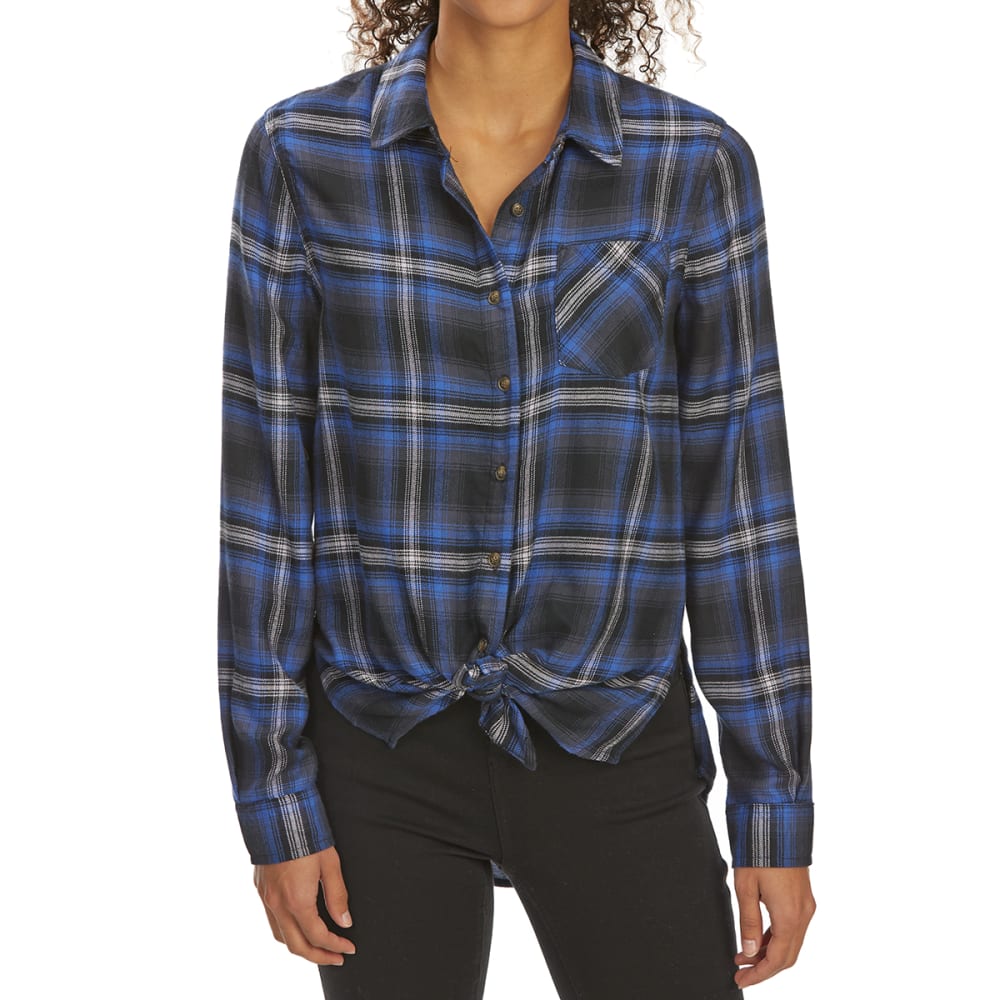 Pink Rose Juniors' Tie-Front Brushed Plaid Long-Sleeve Flannel Shirt - Blue, S