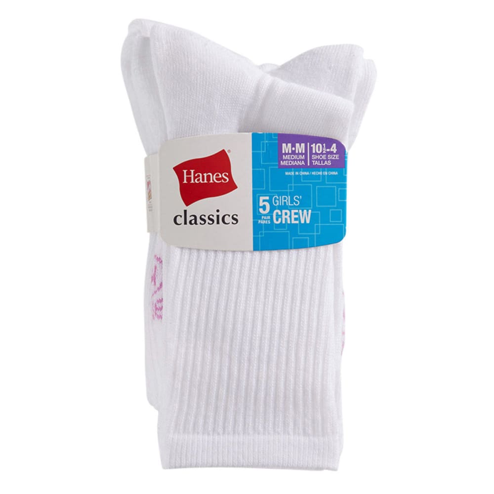 Hanes Girls' Classics Crew Socks, 5-Pack  - White, M
