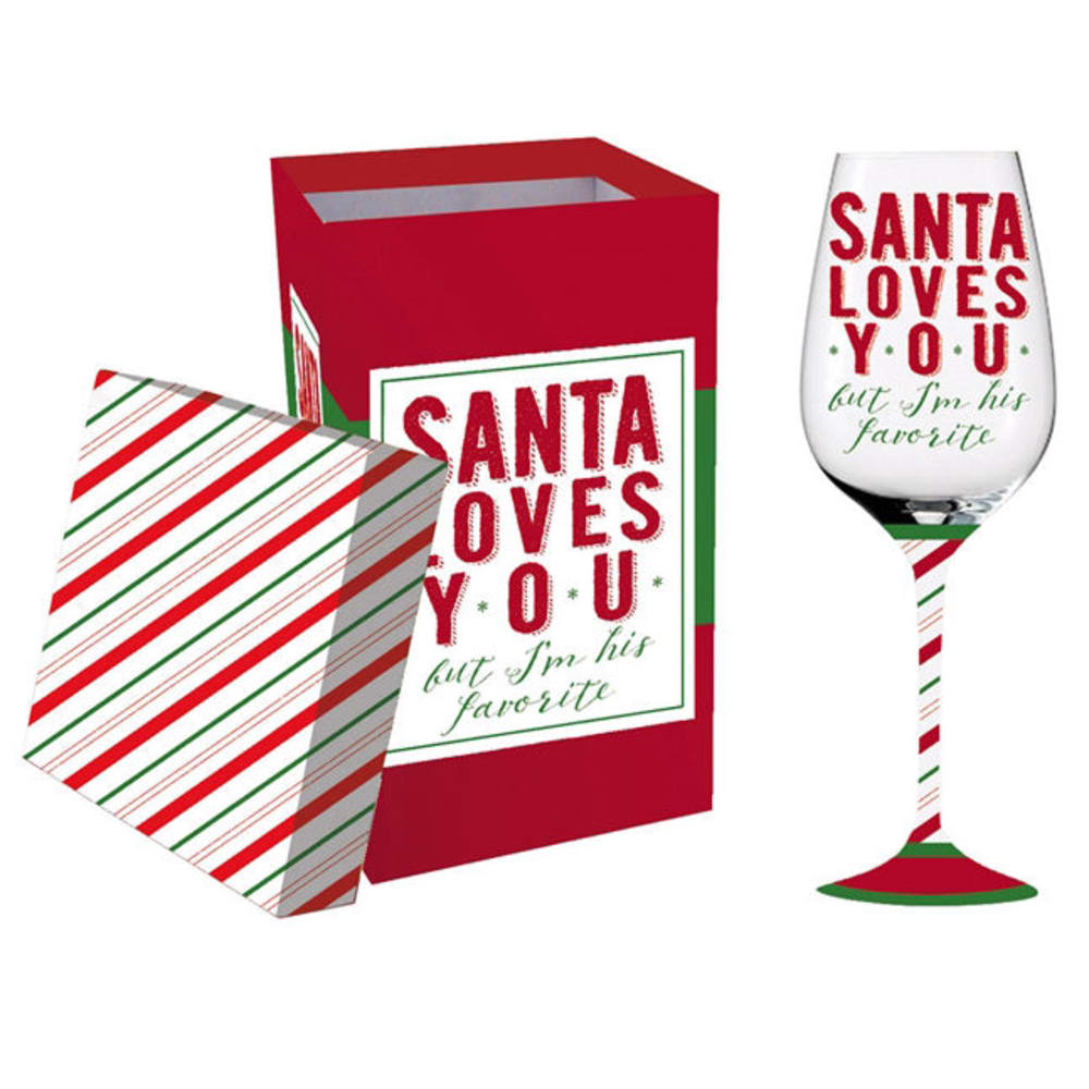 Evergreen Santa Loves You Stemmed Wine Glass