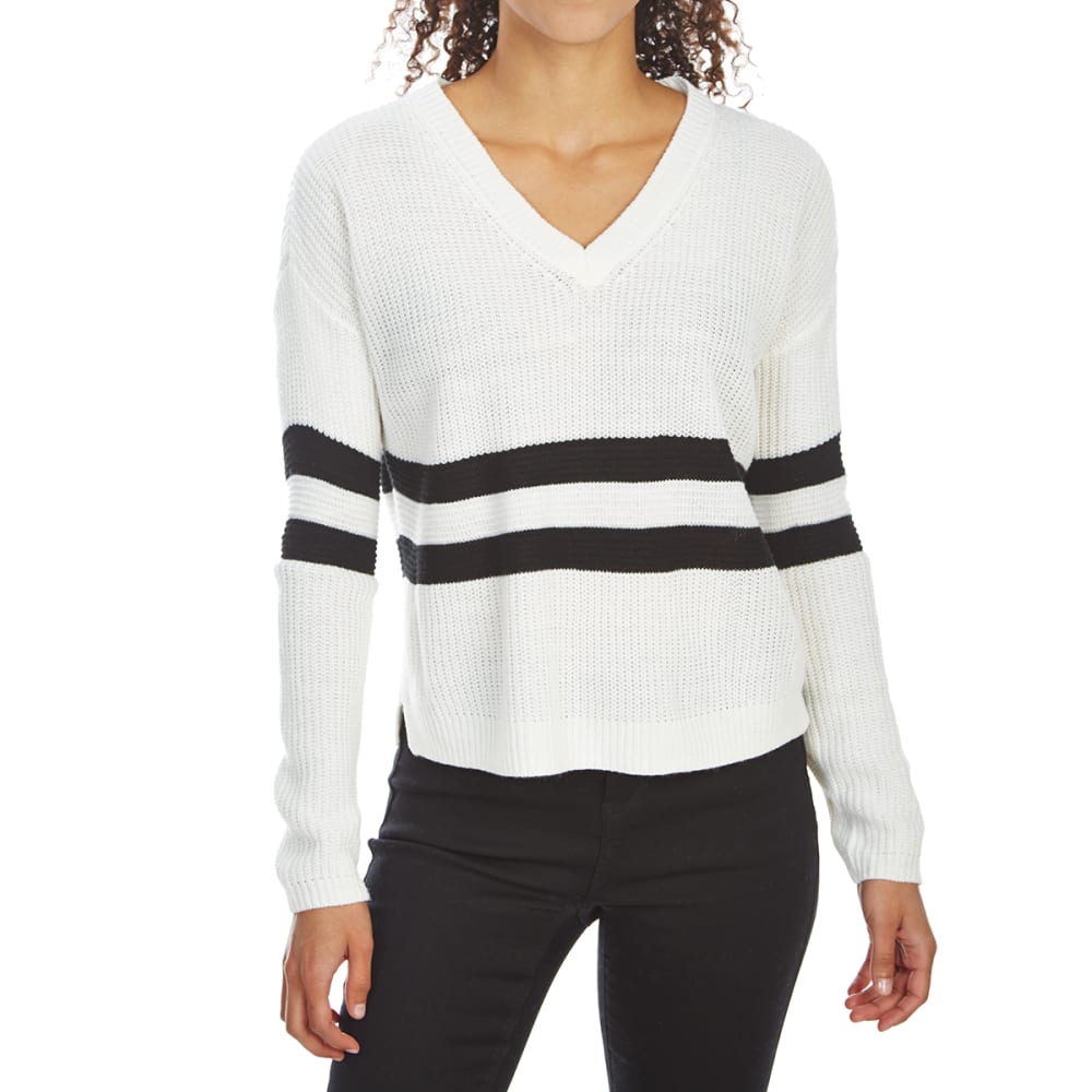 Pink Rose Juniors' Drop-Shoulder Striped V-Neck Sweater - White, S