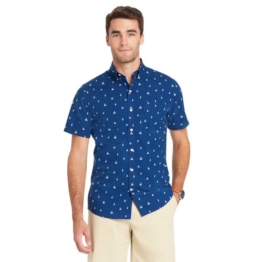 Izod Men's Breeze Printed Poly Poplin Short-Sleeve Shirt - Blue, L