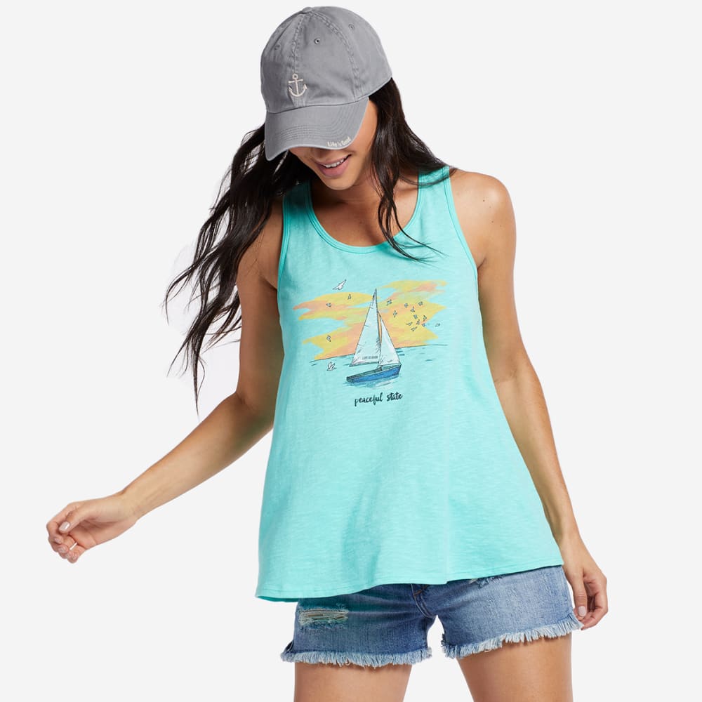 Life Is Good Women's Peaceful State Sailboat Breezy Scoop Neck Tank Top - Blue, S