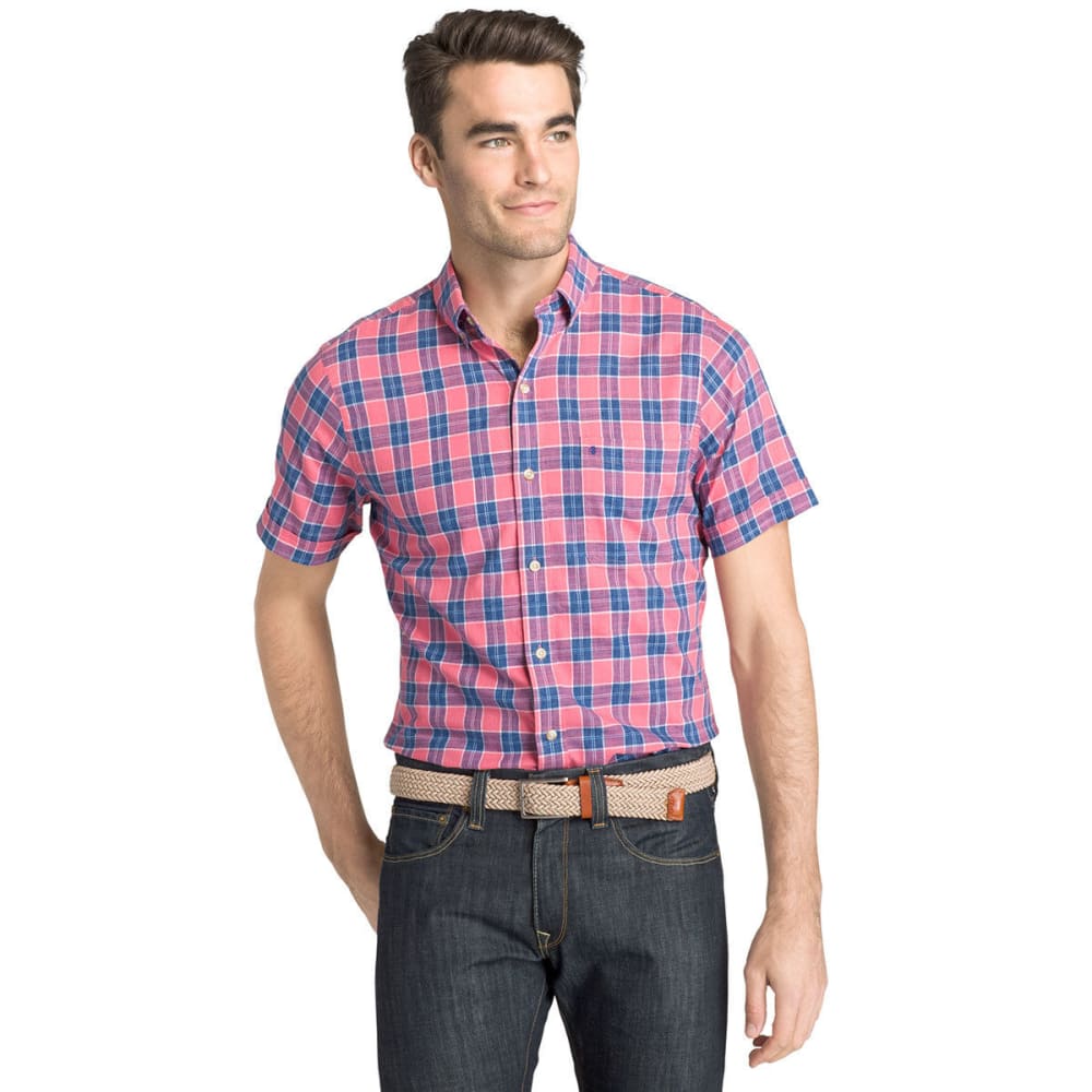 Izod Men's Saltwater Dockside Plaid Chambray Short-Sleeve Shirt - Red, XL