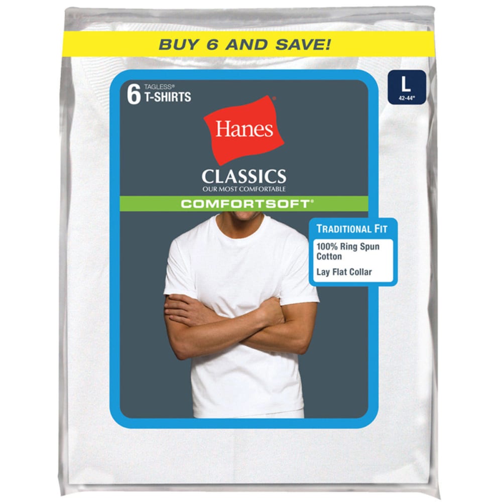 Hanes Men's Classics Comfortsoft Tagless Tees, 6-Pack  - White, S