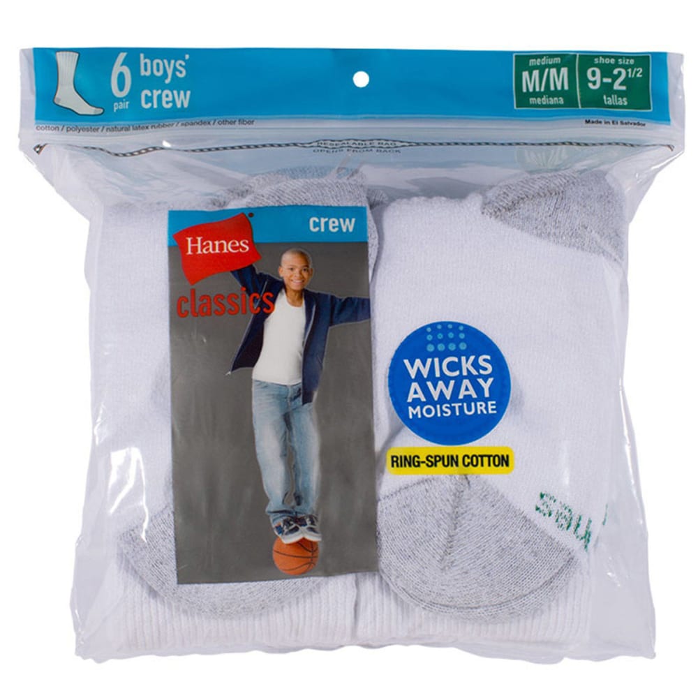 Hanes Boys' Classics Crew Socks, 6-Pack  - White, 6-8.5
