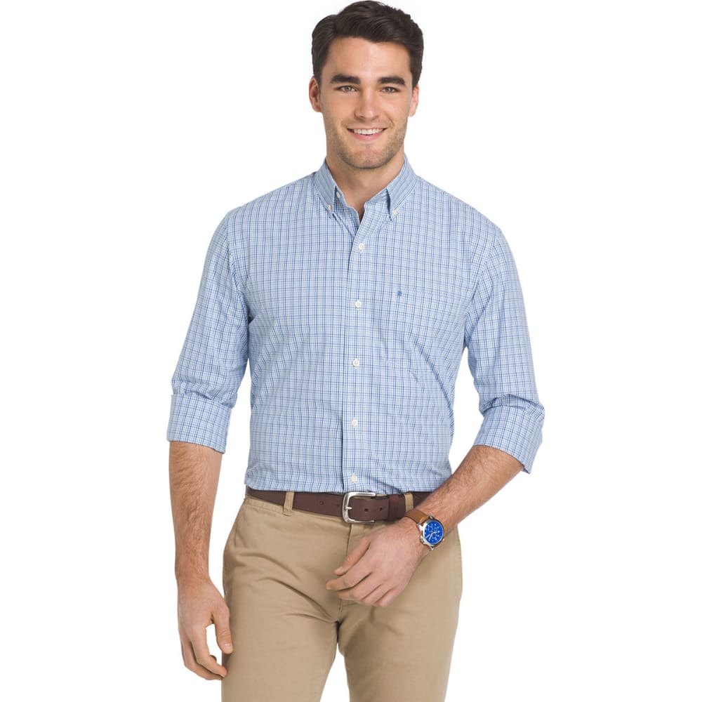 Izod Men's Essential Mini Plaid Long-Sleeve Shirt - Blue, M