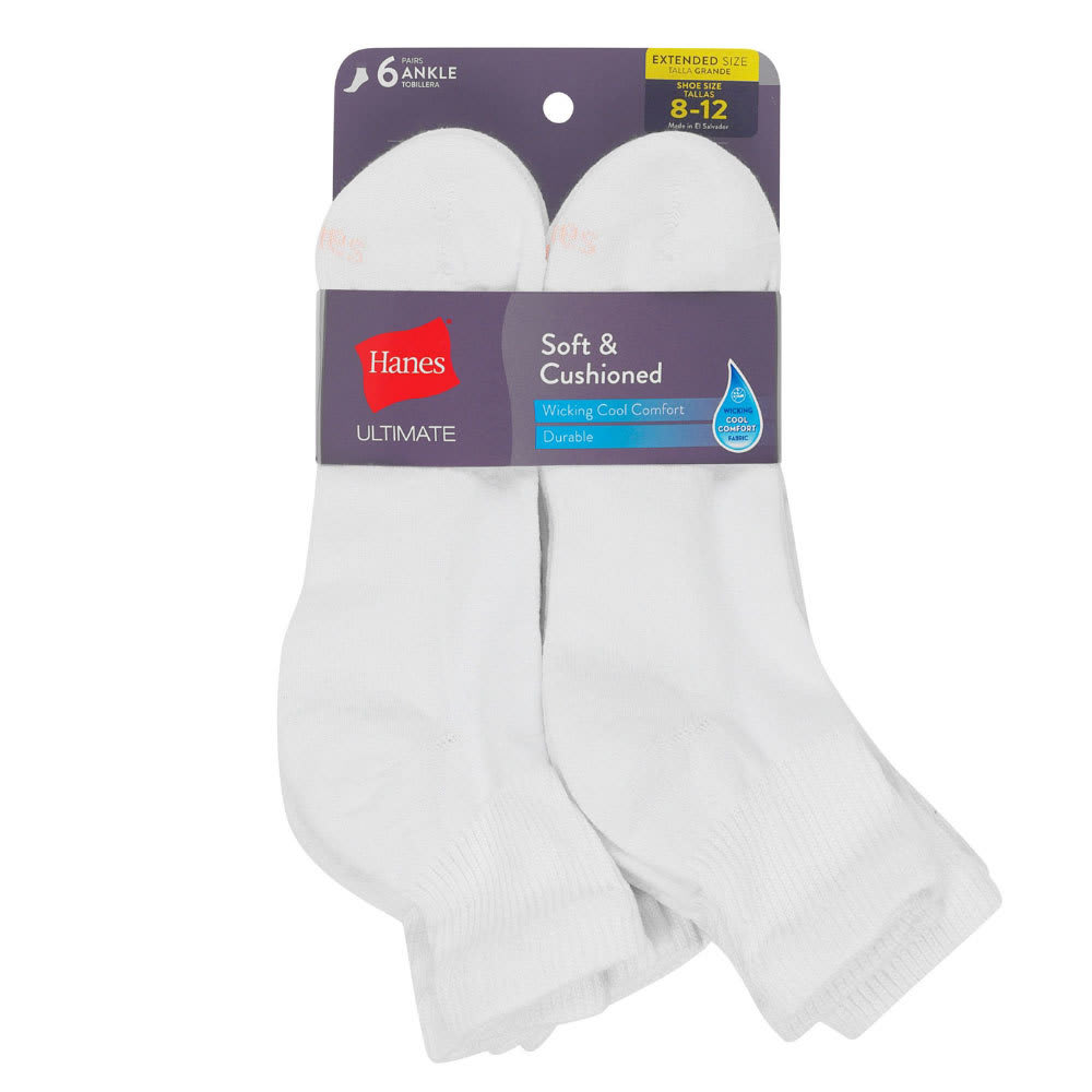 Hanes Women's Ultimate Ankle Socks, 6-Pack - White, 8-12