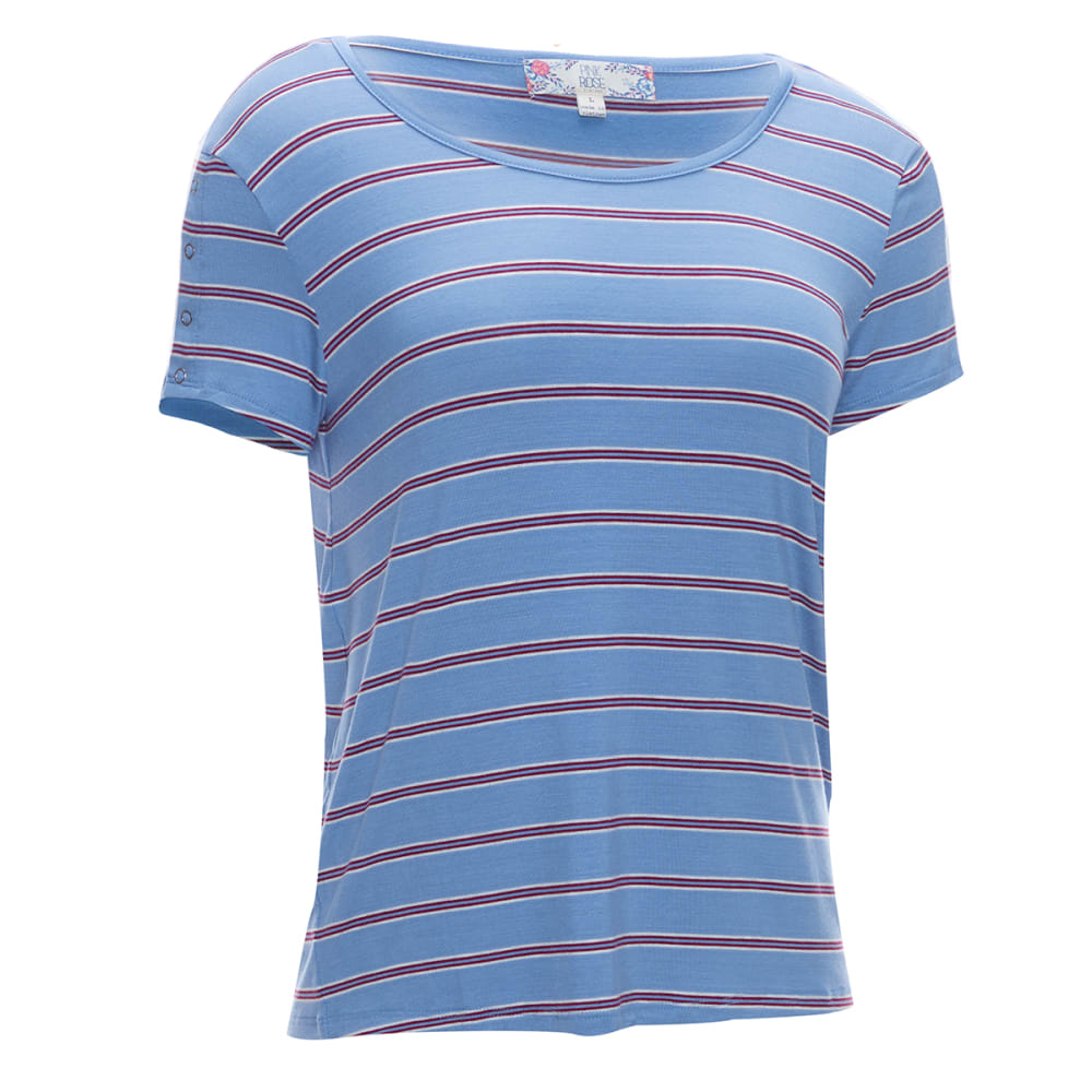 Pink Rose Juniors' Short-Sleeve Rayon Stripe Scoop Neck Snap Trim Jersey Tee - Blue, S