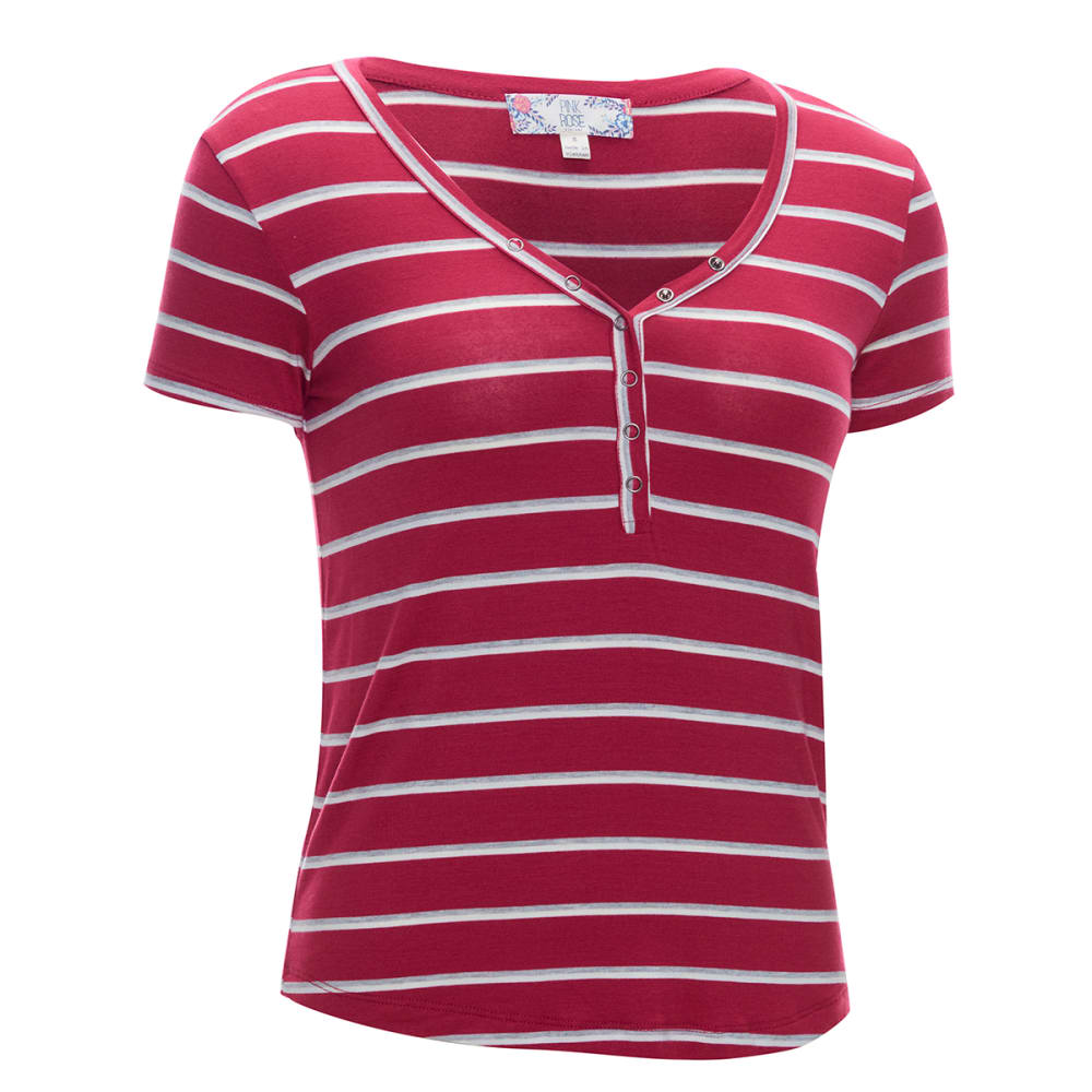 Pink Rose Juniors' Short-Sleeve Rayon Stripe Placket Jersey Tee - Red, S