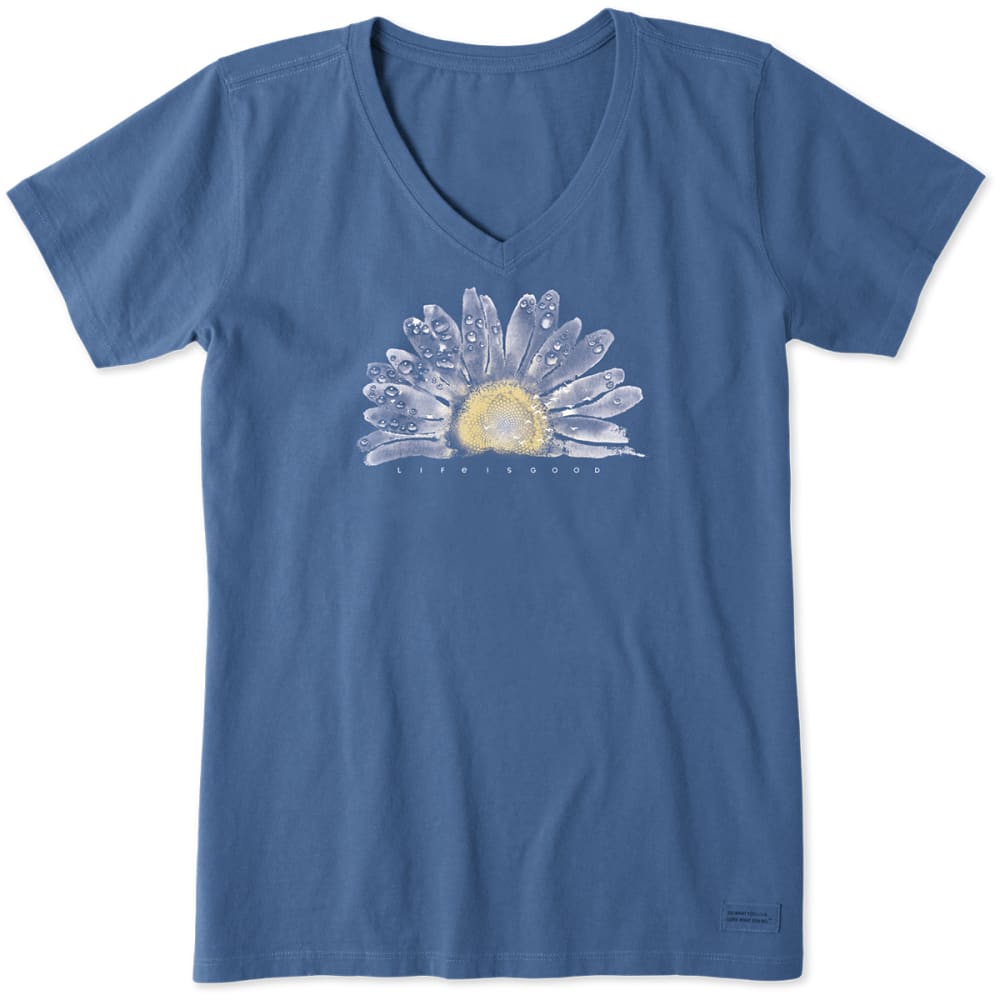 Life Is Good Women's V-Neck Watercolor Daisy Tee - Blue, S