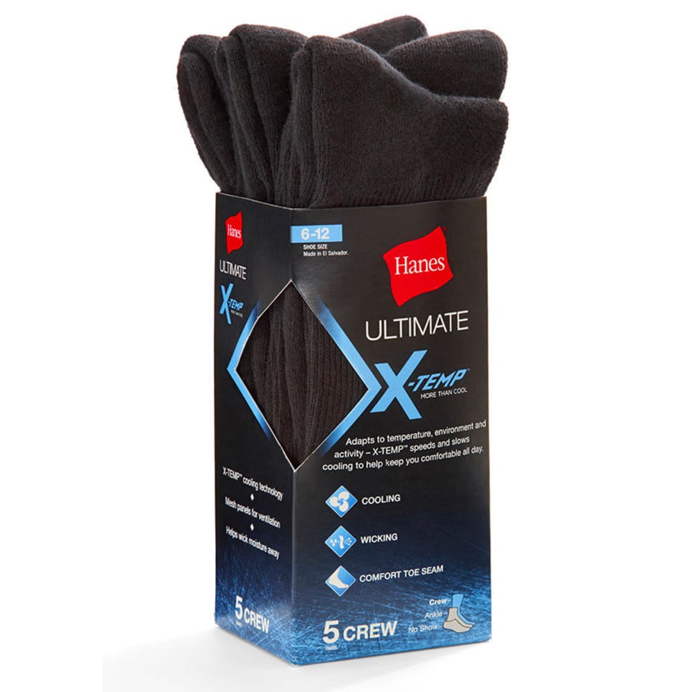 Hanes Men's Ultimate X-Temp Crew Socks, 5-Pack - Black, 10-13