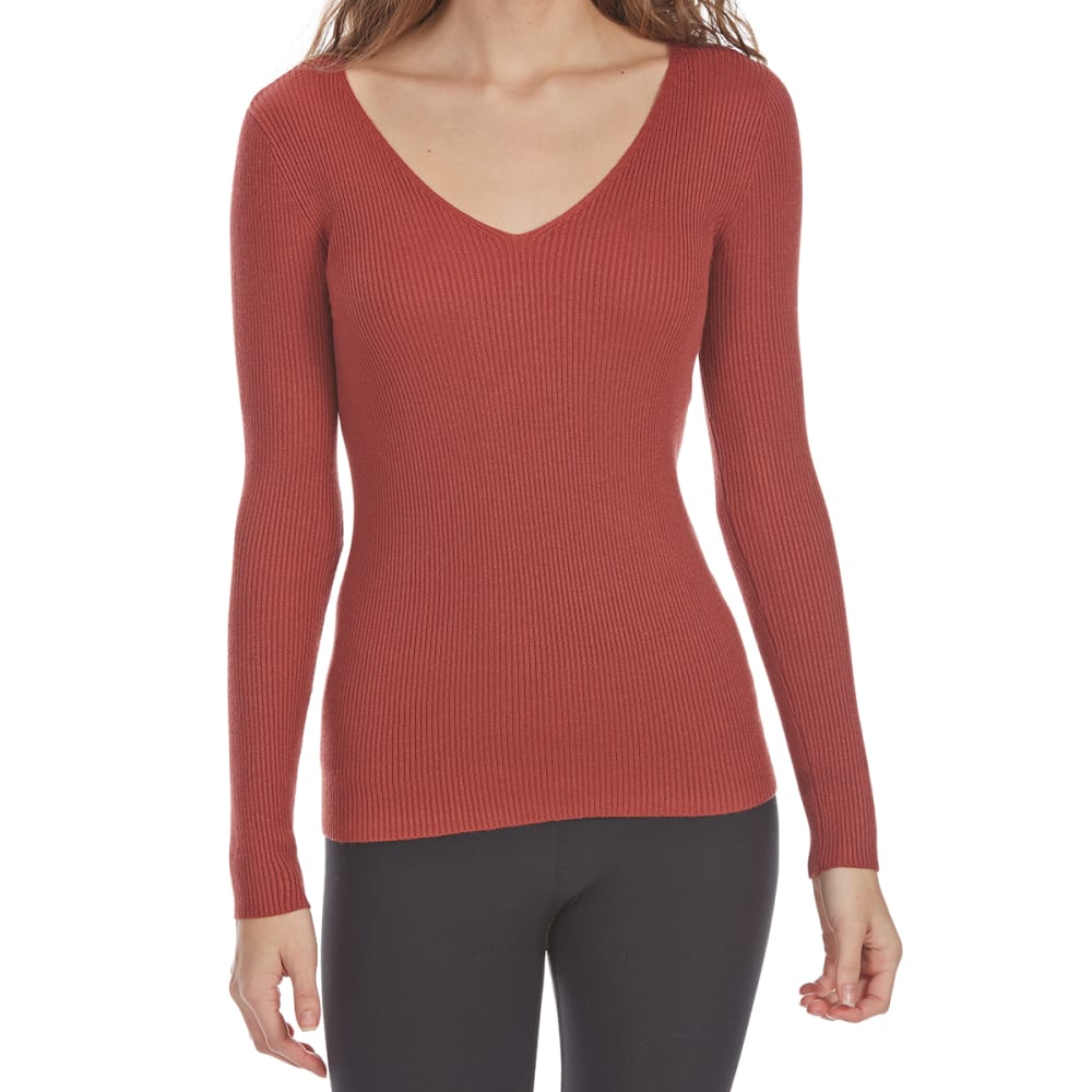 Ambiance Apparel Juniors' Rib Knit V-Neck Long-Sleeve Sweater - Red, S