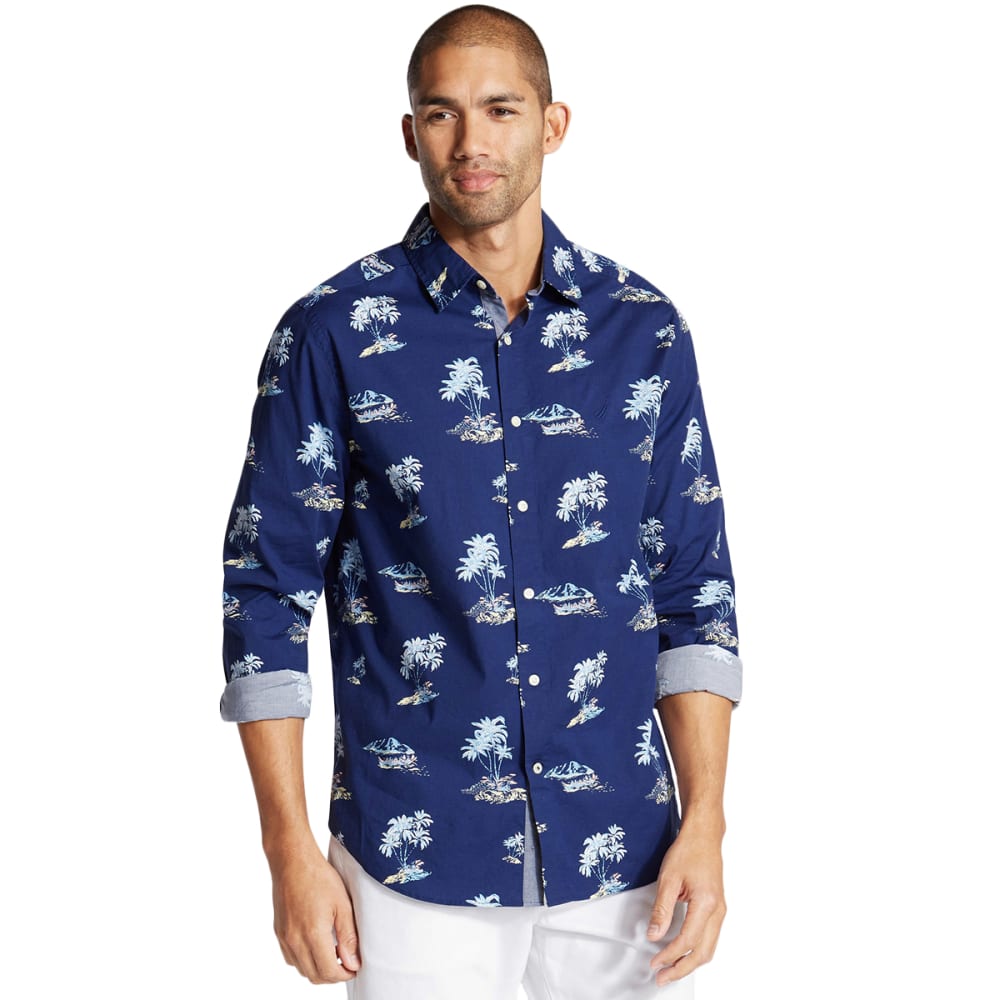 Nautica Men's Long-Sleeve Palm Tree Motif Shirt - Blue, M