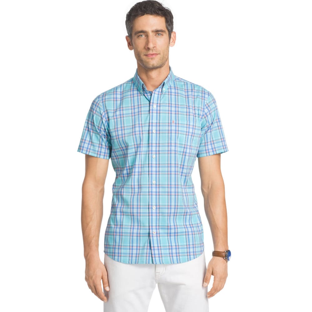 Izod Men's Advantage Stretch Short Sleeve Plaid Shirt - Blue, M