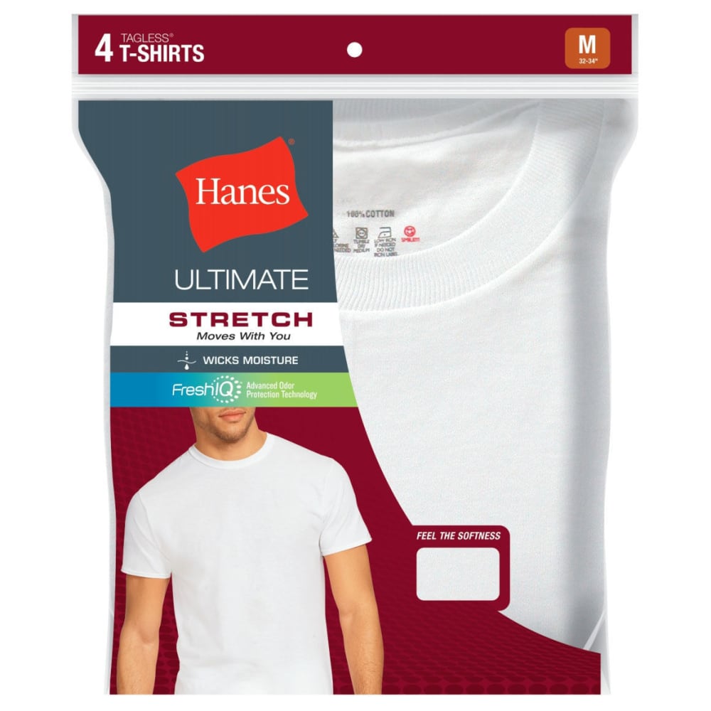 Hanes Men's Ultimate Stretch Crew Tees, 4-Pack - White, S