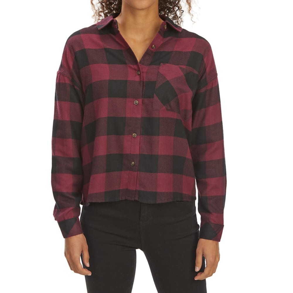 Pink Rose Juniors' Brushed Plaid Long-Sleeve Flannel Shirt - Red, S