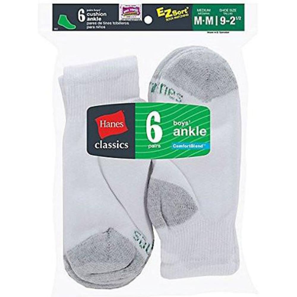 Hanes Boys' Ez Sort Ankle Socks, 6-Pack - White, 9-11
