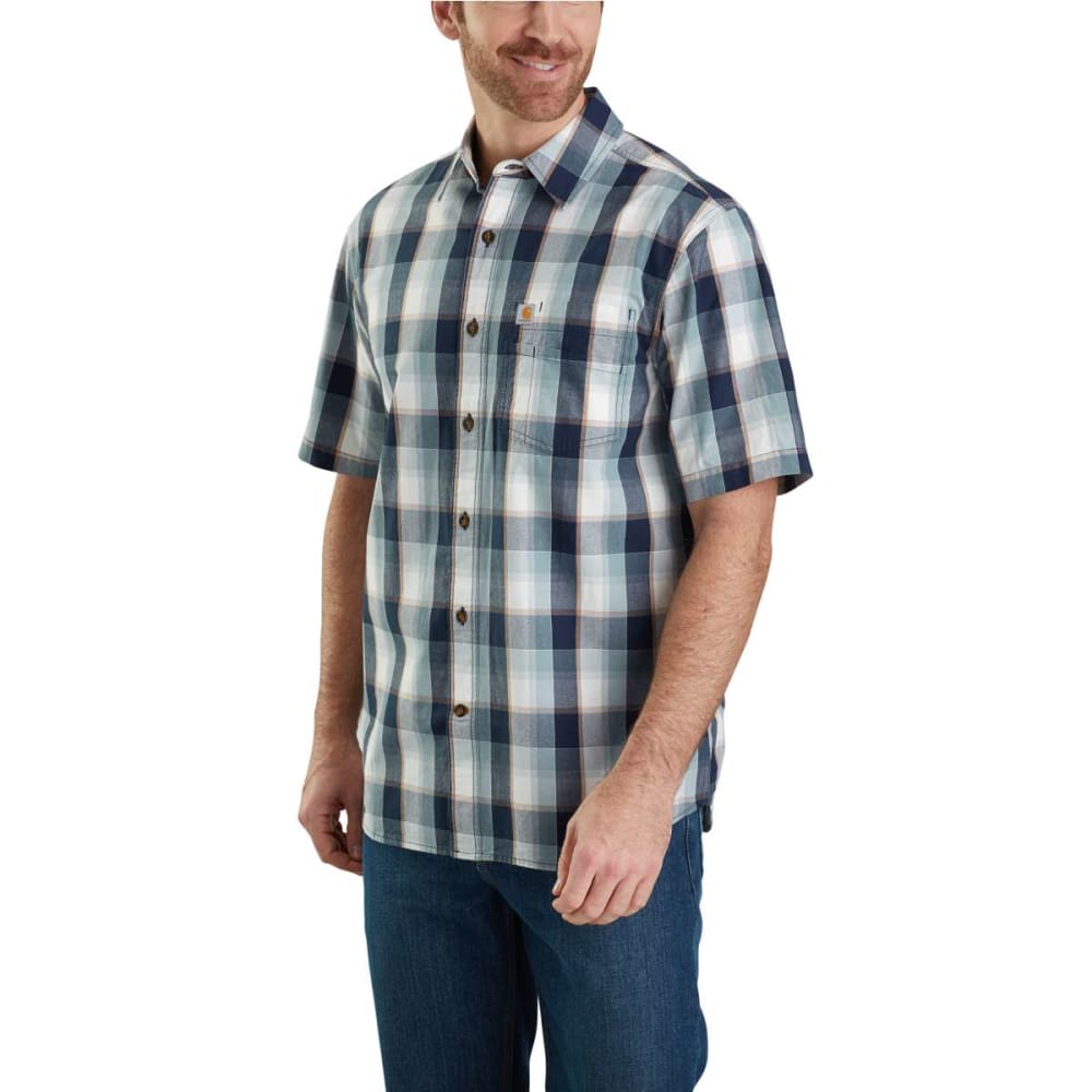 Carhartt Men's Essential Plaid Open Collar Button Down Short-Sleeve Shirt - Blue, M